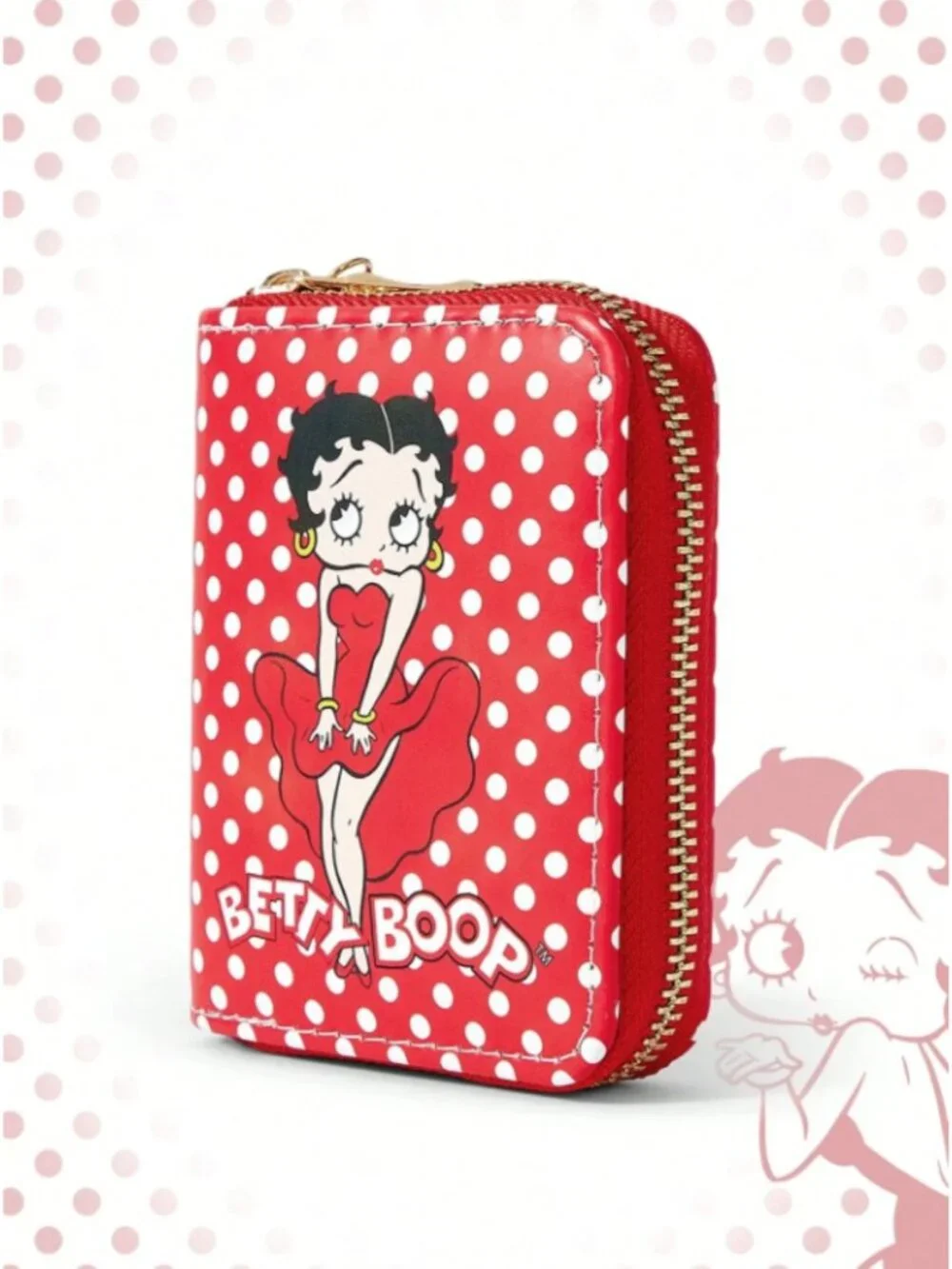 Betty Boop Red Polka Dot Zip Wallet Retro Pin-Up Cartoon Mini Wallet Kiss Charm